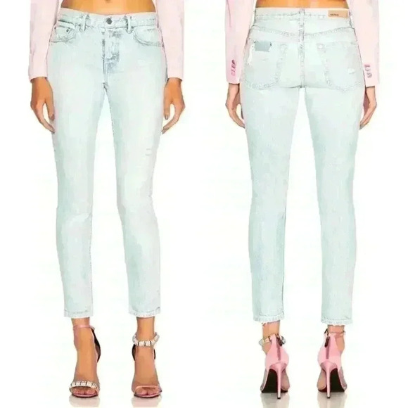 GRLFRND Yasmin Mid Rise Jeans Fame Wash Light Denim Preppy Academia Distressed - Picture 1 of 12